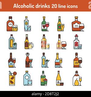Alcoholic drinks color line icons set. Stock Vector