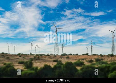 Electricity generating windmills in Rajasthan, Indian. Tilt shift lens. Stock Photo