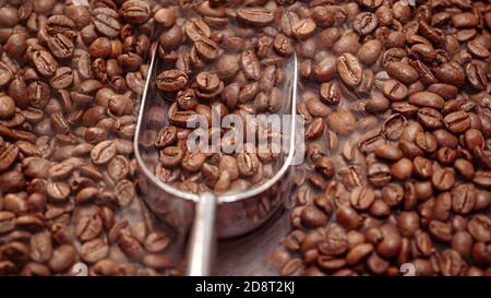 Close up of seeds of coffee. Fragrant coffee beans are roasted smoke comes from coffee beans. Stock Photo
