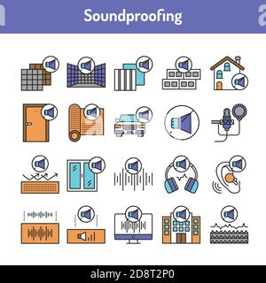 Soundproofing color line icons set. Pictograms for web page, mobile app, promo. Stock Vector