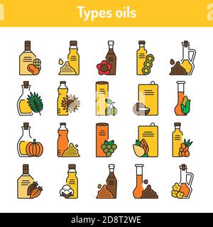 Types oils glass bottles color line icons set. Stock Vector
