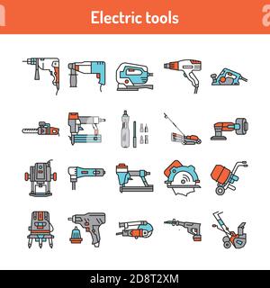Electric tools color line icons set. Subject matter experts. Stock Vector