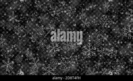 Christmas illustration of snowflakes of different shapes, sizes and transparency in white colors on transparent background Stock Vector