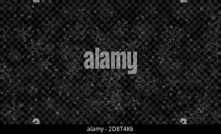 Christmas illustration of snowflakes of different shapes, sizes and transparency in white colors on transparent background Stock Vector