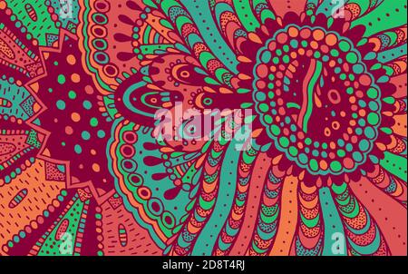 Colorful ornament doodle pattern. Dark colored geometric art with floral motifs. Psychedelic texture. Zentangle pattern. Vector illustration Stock Vector