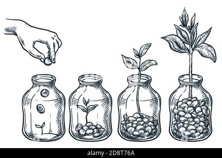 Investment, saving money and finance growth business concept. Human hand putting coin in clear glass jar. Hand drawn vector sketch illustration isolat Stock Vector