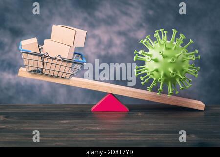 Shopping basket and coronavirus on seesaw