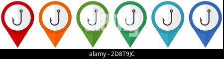 Fishing hook vector pointers, set of colorful flat design icons isolated on white background Stock Vector