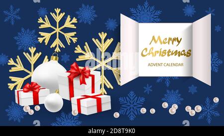 Christmas Advent Calendar. doors open with golden letters. Golden 3D snowflakes, realistic white gift surprise with red ribbon , and an open wide wind Stock Vector