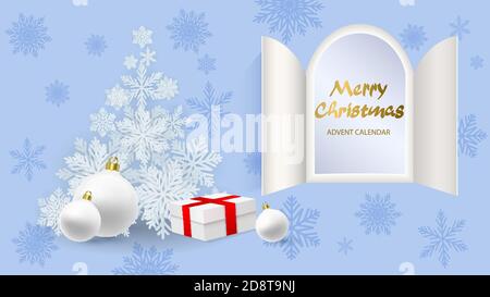 Christmas advent calendar doors open with golden letters. White christmas balls, snowflakes, realistic white gift surprise with red ribbon and an open Stock Vector