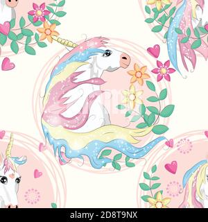 Seamless pattern with unicorns, donuts rainbow, confetti and other elements Stock Vector