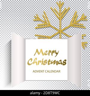 Christmas advent calendar doors open with golden letters. big golden snowflake and an open wide window on transparent background. Template for Christm Stock Vector