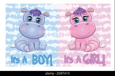 Two Cute cartoon hippo with beautiful eyes among flowers, hearts, a boy and a girl. baby shower invitation card. Stock Vector