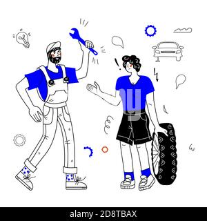 Banner for tire service and car repair with characters flat cartoon vector. Stock Vector