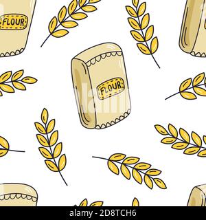 Wheat and flour vector seamless pattern on the light background. Flat bright food illustration. Stock Vector