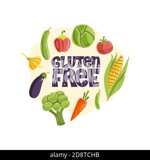 Gluten free lettering phrase. Hand-drawn lettering illustration with vegetables on the light background. Stock Vector