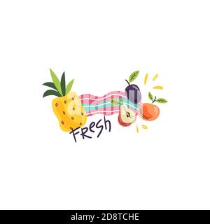 Hand-drawn illustration of fruits on the light background. Colorful vector composition of fresh fruits. Doodle flat style. Stock Vector