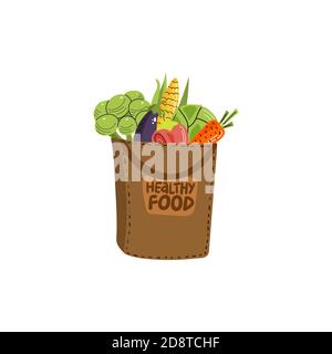A paper bag full of vegetables isolated on light background. Fresh healthy organic food. Vector illustration in flat doodle style. Stock Vector