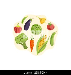 Hand-drawn illustration of vegetables on the light background. Colorful vector composition of fresh organic vegetables. Doodle flat style. Stock Vector
