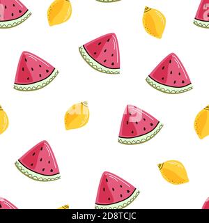 Watermelon with lemon vector seamless pattern on the light background. Fruit illustration with slice of watermelon and citrus. Flat clipart. Stock Vector