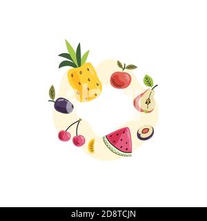 Hand-drawn illustration of fruits on the light background. Colorful vector composition of fresh fruits. Doodle flat style. Stock Vector