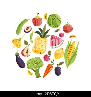 Vector fruits and vegetables in round composition. Bright illustration of healthy fresh food. Isolated design elements. Stock Vector