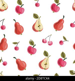 Pear, apple, and cherry vector seamless pattern on the light background. Fruit illustration. Flat clipart. Stock Vector