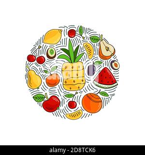 Hand-drawn illustration of fruits on the light background. Colorful vector round composition of fresh fruits. Doodle flat style. Stock Vector