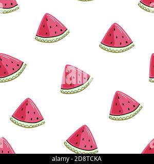 Watermelon vector seamless pattern on the light background. Fruit illustration with slice of watermelon. Flat clipart. Stock Vector