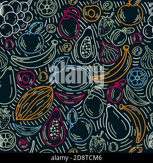 Vector fruits seamless pattern in color outline style on the dark background. Bright background of healthy fresh food. Ideal for poster, banner. Stock Vector
