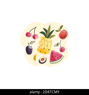 Hand-drawn illustration of fruits on the light background. Colorful vector composition of fresh fruits. Doodle flat style. Stock Vector