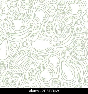 Vector fruits seamless pattern in outline style. Bright background of healthy fresh food. Ideal for poster, banner, packaging, and home decor. Stock Vector