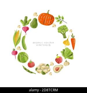 Vector vegetables in round composition with space for text. A bright illustration of healthy fresh food. Isolated design elements. Stock Vector