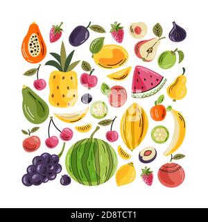 Vector fruits on the light background. A bright illustration of healthy fresh food. Isolated design elements. Stock Vector