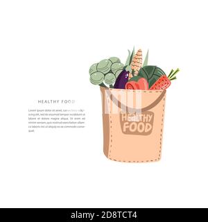 A paper bag full of vegetables isolated on a light background. Fresh healthy organic food. Vector illustration in flat doodle style. Stock Vector