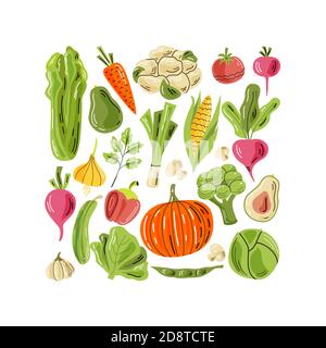 Vector vegetables on the light background. A bright illustration of healthy fresh food. Isolated design elements. Stock Vector