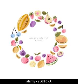 Vector fruits in round composition with space for text. Bright illustration of healthy fresh food. Isolated design elements. Ideal for poster, banner. Stock Vector