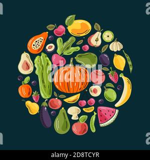 Vector fruits and vegetables in round composition on the dark background. A bright illustration of healthy fresh food. Isolated design elements. Stock Vector
