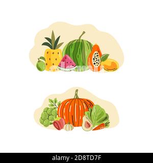 Vector fruits and vegetable compositions. A bright illustration of healthy fresh food. Isolated design elements. Stock Vector
