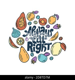 Always eat right. Hand-drawn lettering color quote on the light background. Inspiring phrase about healthy food. For poster, banner, print, packaging. Stock Vector