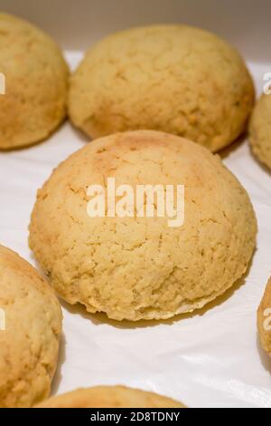 Close-up of Hong Kong style pineapple buns placed on a baking tray Stock Photo