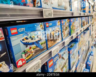 Puilboreau, France - October 14, 2020: Selected collection of many boxes Lego brand display for sell in french supermarket Stock Photo