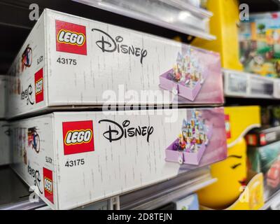 Puilboreau, France - October 14, 2020: Selected collection of many boxes Lego brand display for sell in french supermarket Stock Photo