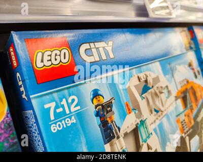 Puilboreau, France - October 14, 2020: Selected collection of many boxes Lego brand display for sell in french supermarket Stock Photo