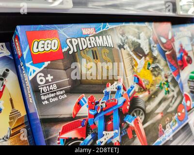 Puilboreau, France - October 14, 2020: Supermarket shelves filled with Spiderman Marvel figurine Lego display for sell in the supermarket shelves Stock Photo