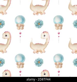 Watercolor seamless pattern with a cute dinosaur, flower, and balloon on the light background. Funny kids illustration. Stock Photo