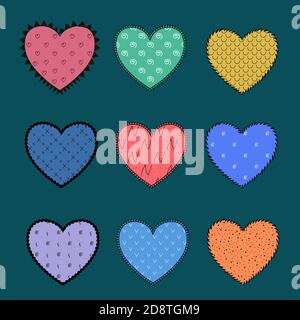 Set of hand-drawn colored hearts decorated with patterns and stitches. Design elements isolated from the background. Stock Vector