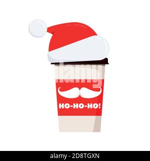 Merry Christmas coffee or tea cup decorated santa claus mustache, ho-ho-ho text isolated on white background. Stock Vector