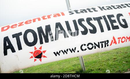 Nordenham, Germany. 01st Nov, 2020. On a banner of the activists of 'Stop Castor' you can read 'nuclear phase-out'. The federal police does not expect the expected Castor transport in Germany until Monday at the earliest. Credit: Mohssen Assanimoghaddam/dpa/Alamy Live News Stock Photo