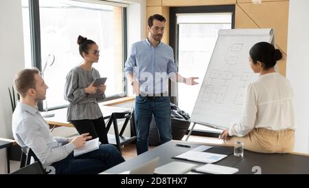 Skilled young male trainer giving educational presentation to colleagues. Stock Photo